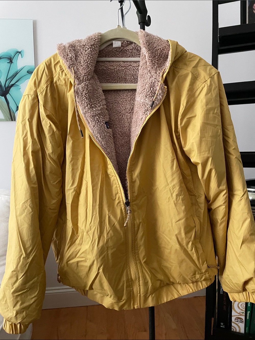 Patagonia Yellow Hooded Teddy Fleece-Lined Jacket. Can be worn both ways.